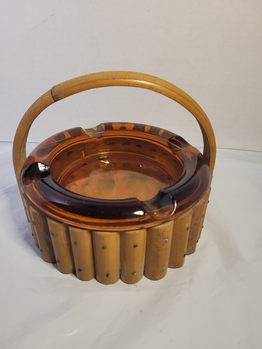 Vintage MCM Amber Glass Ashtray In A Bamboo Basket (A1)